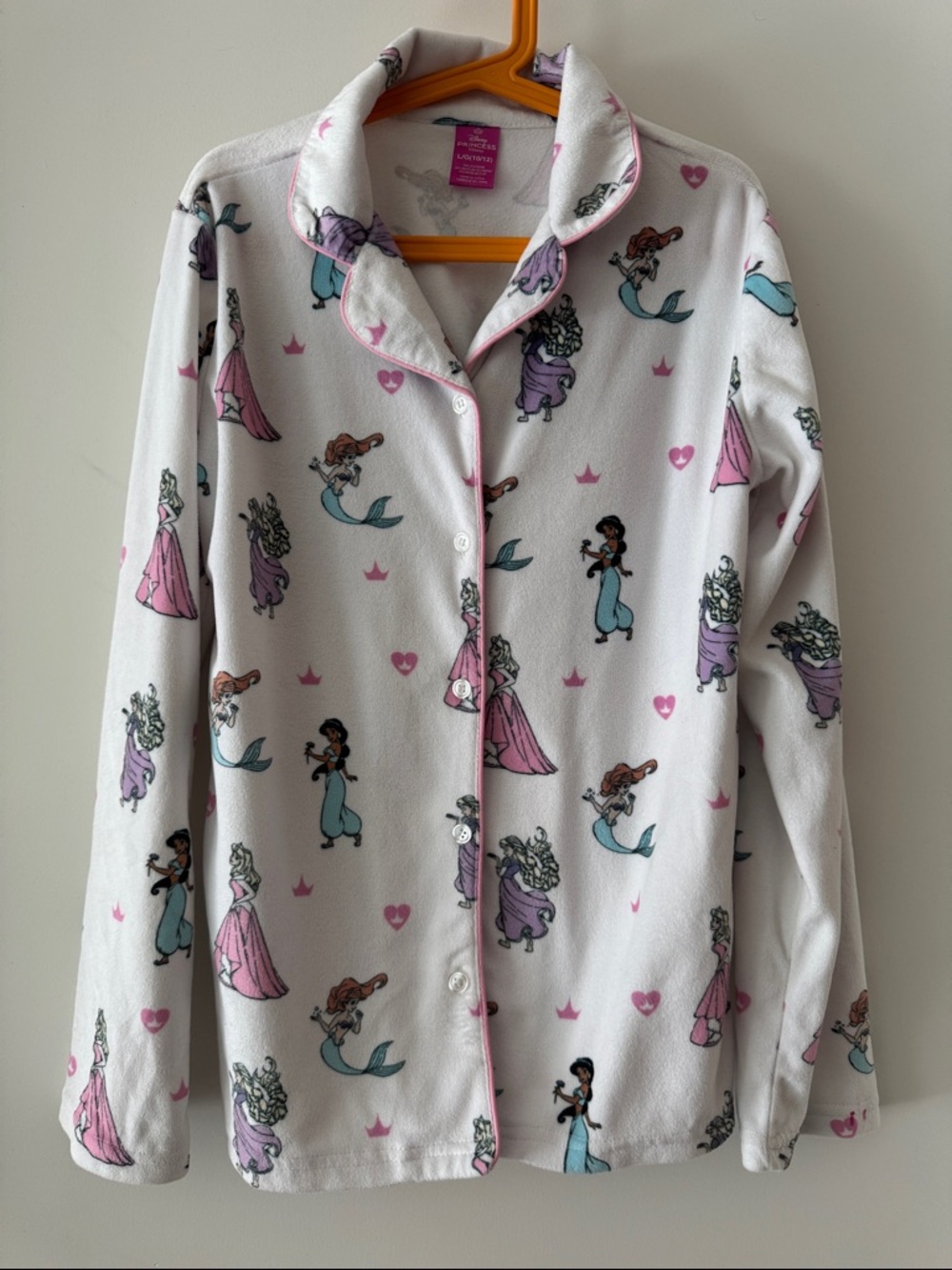 Disney Princess Pajama Top Kids L (10/12) Button Front Fleece Pink Trim